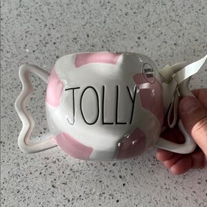 Rae Dunn Artisan Collection Two Handle Pink/White Peppermint Swirl Mug “Jolly”